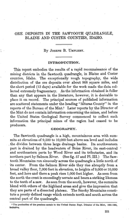 Ore Deposits in the Sawtooth Quadrangle, Blaine and Custer Counties, Idaho