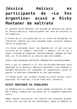 Jéssica Amicucc Ex Participante De «La Voz Argentina» Acusó a Ricky Montaner De Maltrato