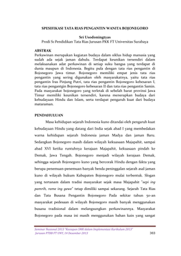 SPESIFIKASI TATA RIAS PENGANTIN WANITA BOJONEGORO Sri Usodoningtyas Prodi S1 Pendidikan Tata Rias Jurusan PKK FT Universitas