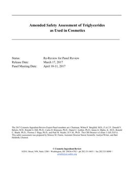 Amended Safety Assessment of Triglycerides As Used in Cosmetics