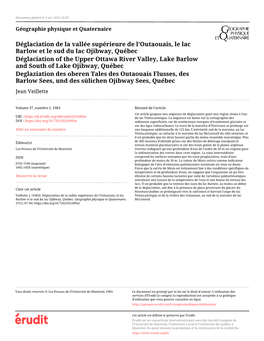 Déglaciation De La Vallée Supérieure De L'outaouais, Le Lac Barlow Et Le Sud Du Lac Ojibway, Québec