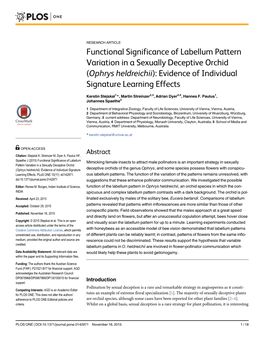 Functional Significance of Labellum Pattern Variation in a Sexually Deceptive Orchid (Ophrys Heldreichii): Evidence of Individual Signature Learning Effects