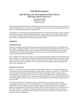 Fifth Meeting of the Mississippi River/Gulf of Mexico Watershed Nutrient Task Force November 18, 1999 Holiday Inn O’Hare Chicago, Illinois