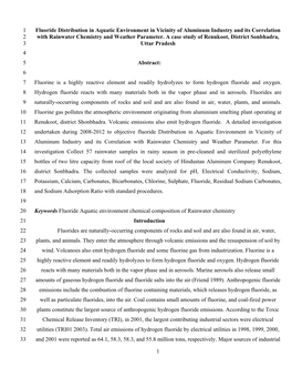 1 Fluoride Distribution in Aquatic Environment in Vicinity of Aluminum Industry and Its Correlation 2 with Rainwater Chemistry and Weather Parameter