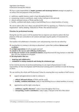 Ysgol Gyfun Cwm Rhymni Professional Learning Plan 2018-19