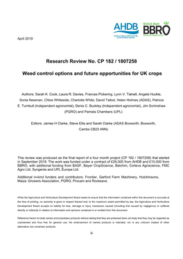 Research Review No. CP 182 / 1807258 Weed Control Options And