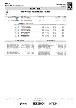 START LIST 400 Metres Hurdles Men - Final