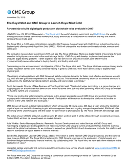 The Royal Mint and CME Group to Launch Royal Mint Gold