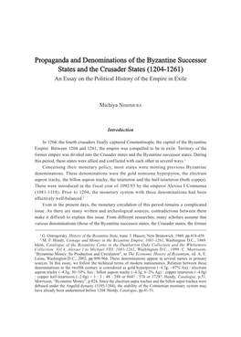 Propaganda and Denominations of the Byzantine Successor States and the Crusader States (1204-1261) an Essay on the Political History of the Empire in Exile