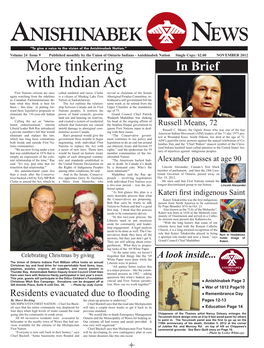 NOVEMBER 2012 More Tinkering in Brief with Indian Act First Nations Citizens Are Once Called Outdated and Racist