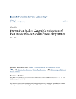 Human Hair Studies: General Considerations of Hair Individualization and Its Forensic Importance Paul L
