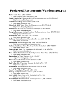 Preferred Restaurants/Vendors 2014-15