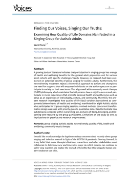 Finding Our Voices, Singing Our Truths: Examining How Quality of Life Domains Manifested in a Singing Group for Autistic Adults