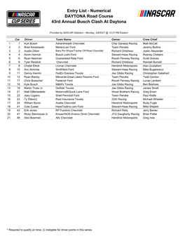 Entry List - Numerical DAYTONA Road Course 43Rd Annual Busch Clash at Daytona