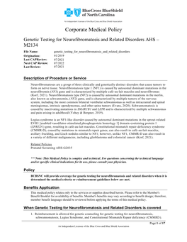 Genetic Testing for Neurofibromatosis and Related Disorders