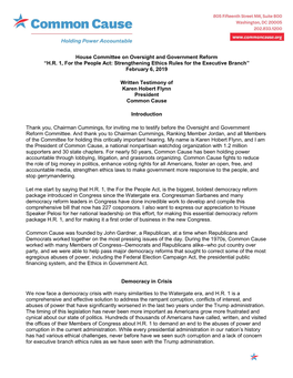 House Committee on Oversight and Government Reform “H.R. 1, for the People Act: Strengthening Ethics Rules for the Executive Branch” February 6, 2019