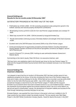 Arsenal Holdings Plc Results for the Six Months Ended 30 November 2007