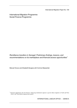 Remittance Transfers in Senegal: Preliminary Findings, Lessons, and 1 Recommendations on Its Marketplace and Financial Access Opportunities