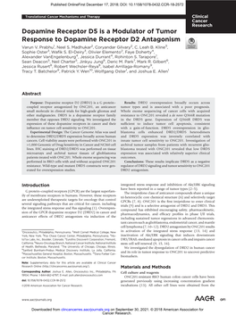 Dopamine Receptor D5 Is a Modulator of Tumor Response to Dopamine Receptor D2 Antagonism Varun V