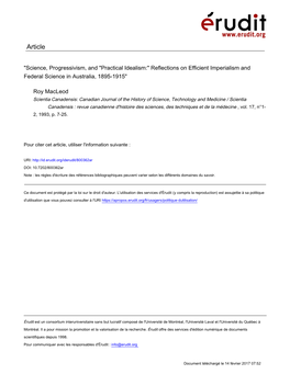 Science, Progressivism, and "Practical Idealism:" Reflections on Efficient Imperialism and Federal Science in Australia, 1895-1915"