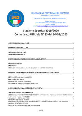 Stagione Sportiva 2019/2020 Comunicato Ufficiale N° 33 Del 30/01/2020
