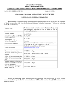 GOVERNMENT of KERALA IRRIGATION DEPARTMENT SUPERINTENDING ENGINEER, KUTTANAD DEVELOPMENT CIRCLE, CHENGANNUR No: D2-1829/SEKDC/CGNR/2015 Dated : 30/01/2016