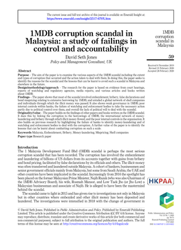 1MDB Corruption Scandal in Malaysia: a Study of Failings in Control And