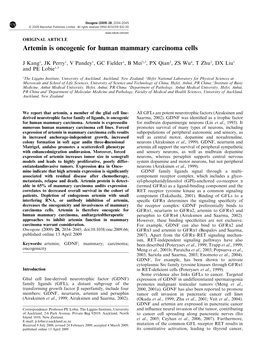 Artemin Is Oncogenic for Human Mammary Carcinoma Cells