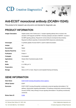 Anti-ECSIT Monoclonal Antibody (DCABH-15245) This Product Is for Research Use Only and Is Not Intended for Diagnostic Use