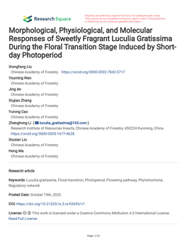 Morphological, Physiological, and Molecular Responses of Sweetly Fragrant Luculia Gratissima During the Floral Transition Stage Induced by Short- Day Photoperiod