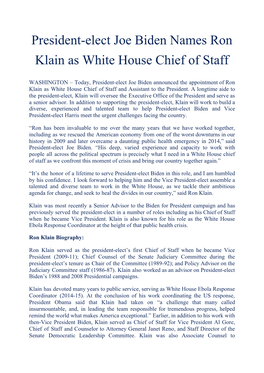 President-Elect Joe Biden Names Ron Klain As White House Chief of Staff