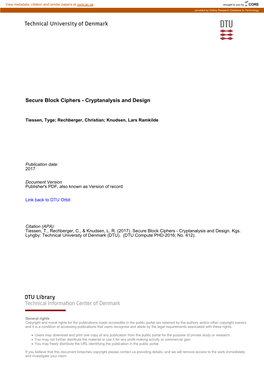 Secure Block Ciphers - Cryptanalysis and Design