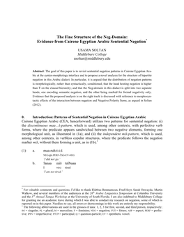 Evidence from Cairene Egyptian Arabic Sentential Negation*