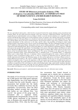 STUDY of Rhinoncus Pericarpius (Linneus, 1758) (Coleoptera: Curculionidae) BIOLOGY, an IMPORTANT PEST of HERB PATIENCE and RHUBARB in ROMANIA