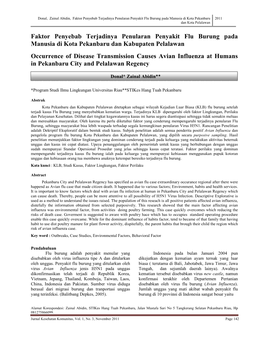 Faktor Penyebab Terjadinya Penularan Penyakit Flu Burung Pada Manusia Di Kota Pekanbaru Dan Kabupaten Pelalawan Occurrence of D