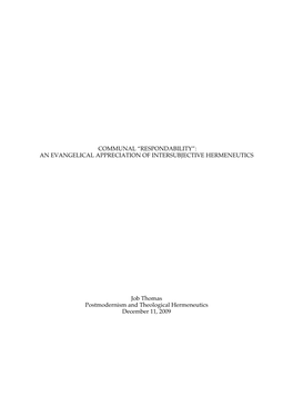 Communal “Respondability”: an Evangelical Appreciation of Intersubjective Hermeneutics