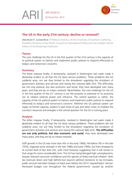 The US in the Early 21St Century: Decline Or Renewal? Abraham F