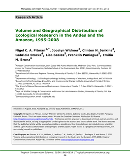 Volume and Geographical Distribution of Ecological Research in the Andes and the Amazon, 1995-2008