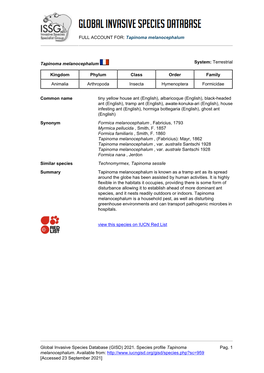 (GISD) 2021. Species Profile Tapinoma Melanocephalum