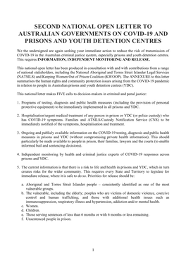 Second National Open Letter to Australian Governments on Covid-19 and Prisons and Youth Detention Centres