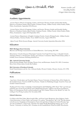 Qwo-Li Driskill, Phd Women, Gender, and Sexuality Studies Oregon State University