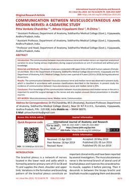 COMMUNICATION BETWEEN MUSCULOCUTANEOUS and MEDIAN NERVES: a CADAVERIC STUDY Pitta Venkata Chandrika *1, Athota Vijayalaxmi Devi 2, R.Chitra 3