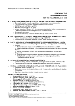 Firstgroup Plc Preliminary Results for the Year to 31 March 2009