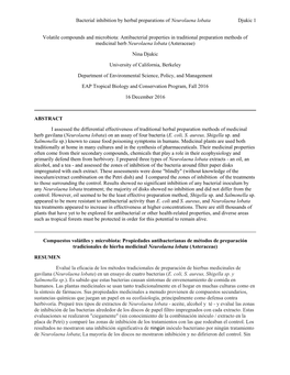 Bacterial Inhibition by Herbal Preparations of Neurolaena Lobata Djukic 1 Volatile Compounds and Microbiota