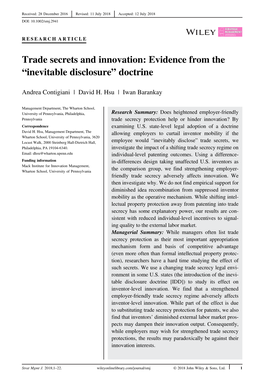 Trade Secrets and Innovation: Evidence from the “Inevitable Disclosure” Doctrine