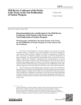 2020 Review Conference of the Parties to the Treaty on the Non-Proliferation 19 March 2020 of Nuclear Weapons Original: English