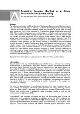 Assessing Occupant Comfort in an Iconic Sustainable Education Building Rick Best and Brian Purdey, (Bond University, Australia)