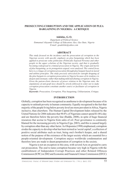 Prosecuting Corruption and the Application of Plea Bargaining in Nigeria: a Critique