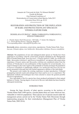 Restoration and Protection of the Population of Rare and Protected Plant Species in Vitosha Nature Park