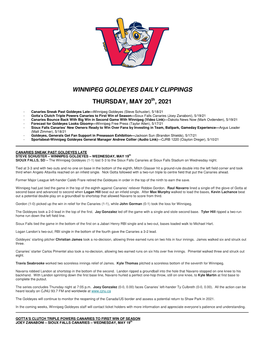 Winnipeg Goldeyes Daily Clippings Thursday, May 20